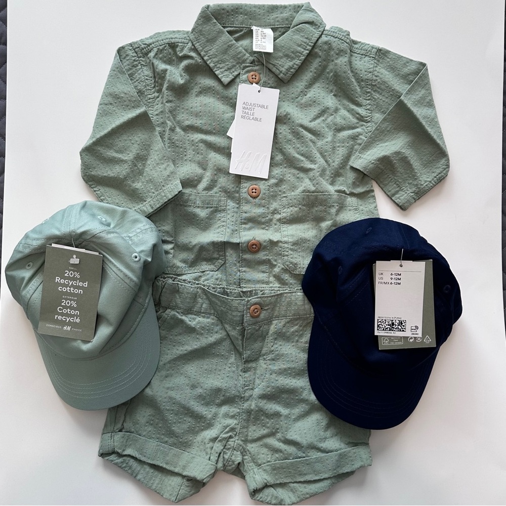 H&M Baby Top and Short Set with with 2 baseball hats